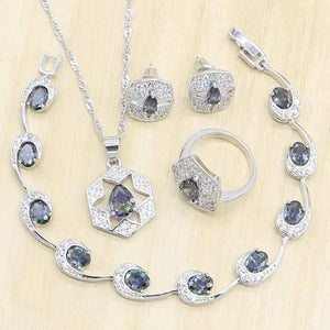 Planet Gates 4PCS / 8 925 Silver Wedding Jewelry Sets for women Multicolor Zircon Earrings Pendant Necklace Ring Bracelet Christmas Gift