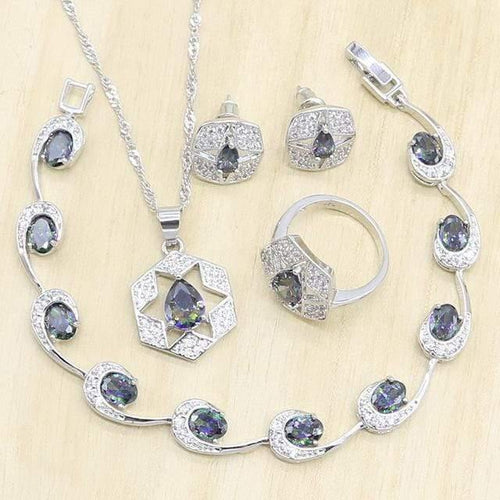 Planet Gates 4PCS / 8 925 Silver Wedding Jewelry Sets for women Multicolor Zircon Earrings Pendant Necklace Ring Bracelet Christmas Gift