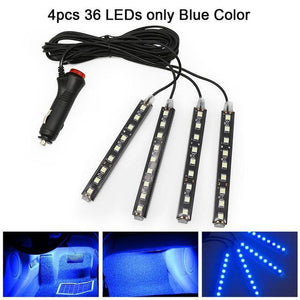 Planet Gates 4pcs 9LED Blue RGB LED DRL Strip Light Car Interior Decorative Lights Automobile Atmosphere Lamp Remote/Voice/App Control Foot Lamps