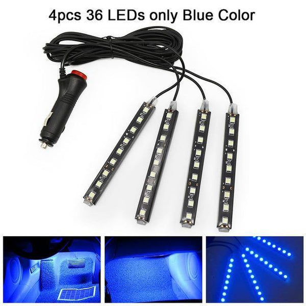 Planet Gates 4pcs 9LED Blue RGB LED DRL Strip Light Car Interior Decorative Lights Automobile Atmosphere Lamp Remote/Voice/App Control Foot Lamps
