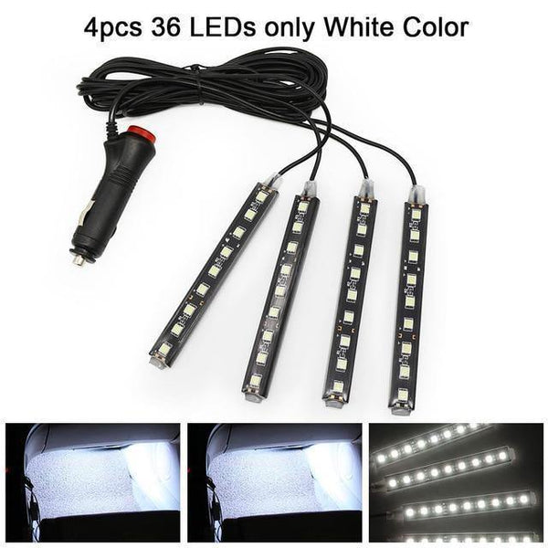 Planet Gates 4pcs 9LED White RGB LED DRL Strip Light Car Interior Decorative Lights Automobile Atmosphere Lamp Remote/Voice/App Control Foot Lamps