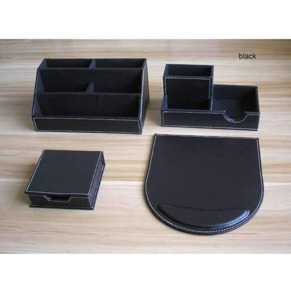 Planet Gates 4PCS black set PU leather wood multifonctional desk stationery organizer pen holder memo holder note case cute office desktop accessories K250