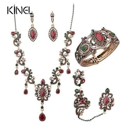 Planet Gates 4PCS Jewelry Sets Vintage Red Necklace Bracelet Earrings Ring Set Indian Crystal Antique Gold Wedding Jewellery