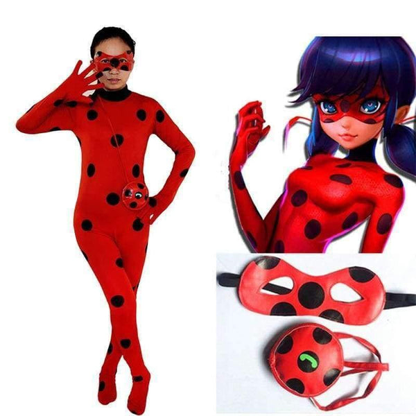 Planet Gates 4Pcs LadyBug Costume / S Fantasia Spandex Ladybug Miraculous Costumes kids Adult cosplay party bag girls children lady bug Zentai Suit halloween costume