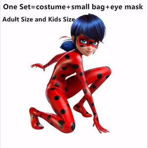Planet Gates 4Pcs LadyBug Costume / S Fantasia Spandex Ladybug Miraculous Costumes kids Adult cosplay party bag girls children lady bug Zentai Suit halloween costume