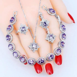 Planet Gates 4PCS / Purple / 9 925 Silver Jewelry Sets Ladies Wedding Jewelry Earrings Ring Bracelet Costume Necklace Set Gift Box