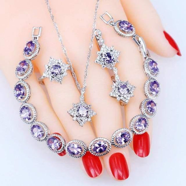 Planet Gates 4PCS / Purple / 9 925 Silver Jewelry Sets Ladies Wedding Jewelry Earrings Ring Bracelet Costume Necklace Set Gift Box