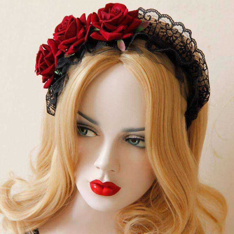 Planet Gates 4pcs Red Rose Flower Hairband Lady Hair Accessorie Bridal Wedding Party Black Lace Headband Fashion Hair Band Plaiting for Women