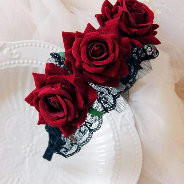 Planet Gates 4pcs Red Rose Flower Hairband Lady Hair Accessorie Bridal Wedding Party Black Lace Headband Fashion Hair Band Plaiting for Women