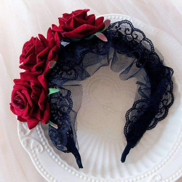 Planet Gates 4pcs Red Rose Flower Hairband Lady Hair Accessorie Bridal Wedding Party Black Lace Headband Fashion Hair Band Plaiting for Women