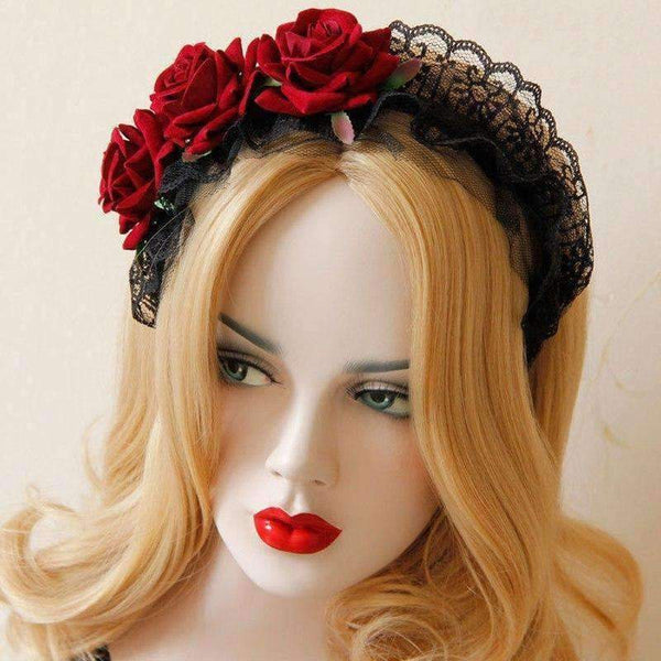 Planet Gates 4pcs Red Rose Flower Hairband Lady Hair Accessorie Bridal Wedding Party Black Lace Headband Fashion Hair Band Plaiting for Women