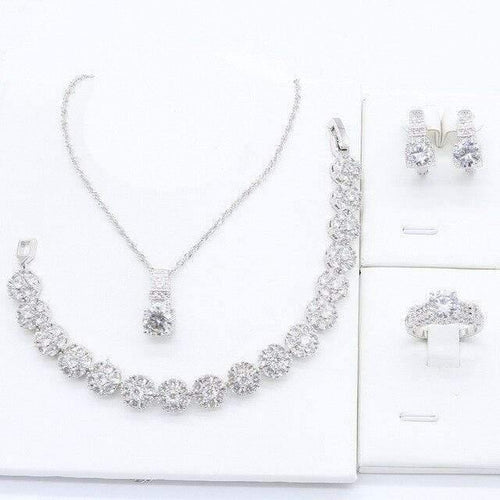 Planet Gates 4PCS With Bracelet / White / 6 925 Silver Jewelry Sets for Women Bracelet Necklace Pendant Ring Hoop Earrings Birthday Wedding Gift