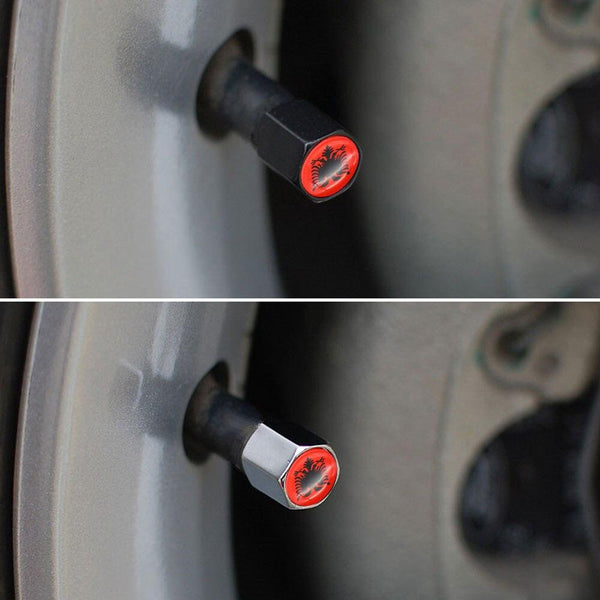 Planet Gates 4Pcs Zinc Alloy Albania flag Car Wheel Tire Valve Caps Air Cover+1Pcs Leather Buckle Wrench Car Styling Accessories