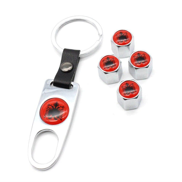 Planet Gates 4Pcs Zinc Alloy Albania flag Car Wheel Tire Valve Caps Air Cover+1Pcs Leather Buckle Wrench Car Styling Accessories