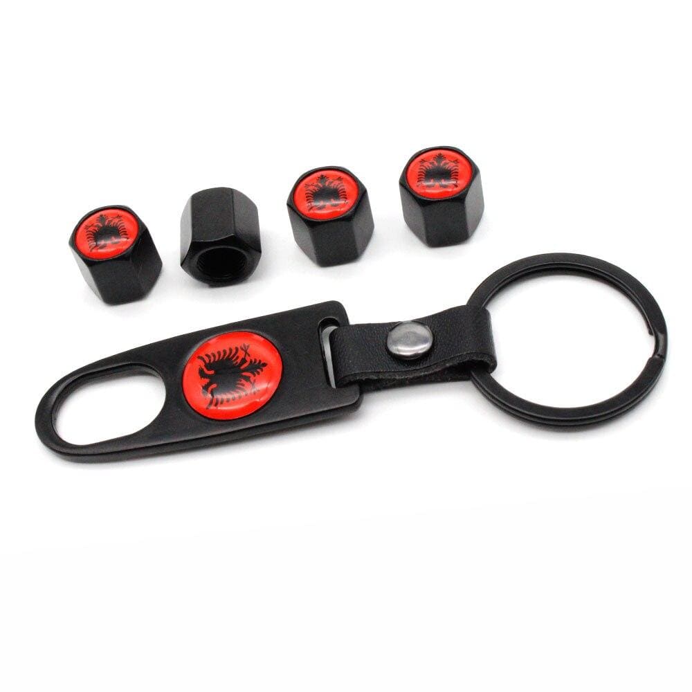 Planet Gates 4Pcs Zinc Alloy Albania flag Car Wheel Tire Valve Caps Air Cover+1Pcs Leather Buckle Wrench Car Styling Accessories
