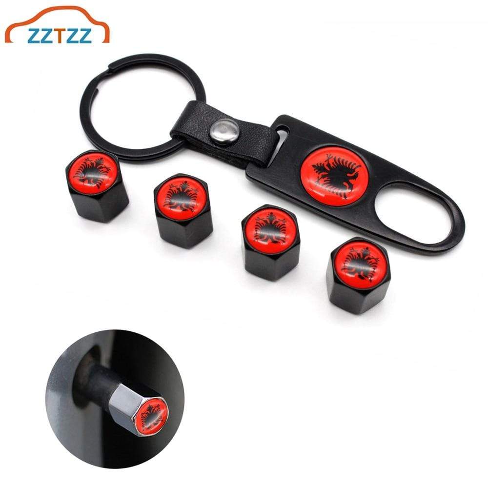 Planet Gates 4Pcs Zinc Alloy Albania flag Car Wheel Tire Valve Caps Air Cover+1Pcs Leather Buckle Wrench Car Styling Accessories
