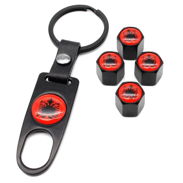 Planet Gates 4Pcs Zinc Alloy Albania flag Car Wheel Tire Valve Caps Air Cover+1Pcs Leather Buckle Wrench Car Styling Accessories