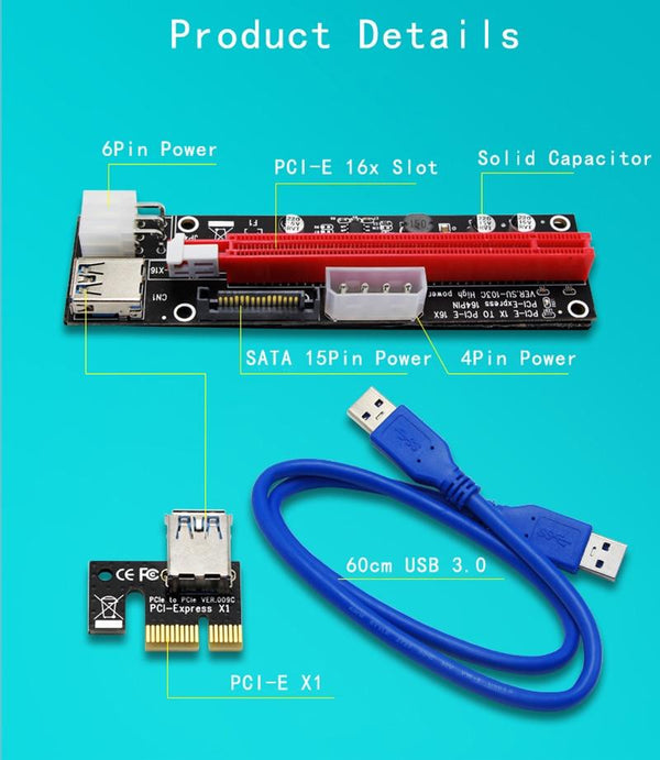Planet Gates 4pin 6pin SATA Power PCI Express 16X Slot Riser Card USB 3.0 PCI-E PCI-Express 1x to 16x PCIE Riser for Bitcoin BTC Miner Mining