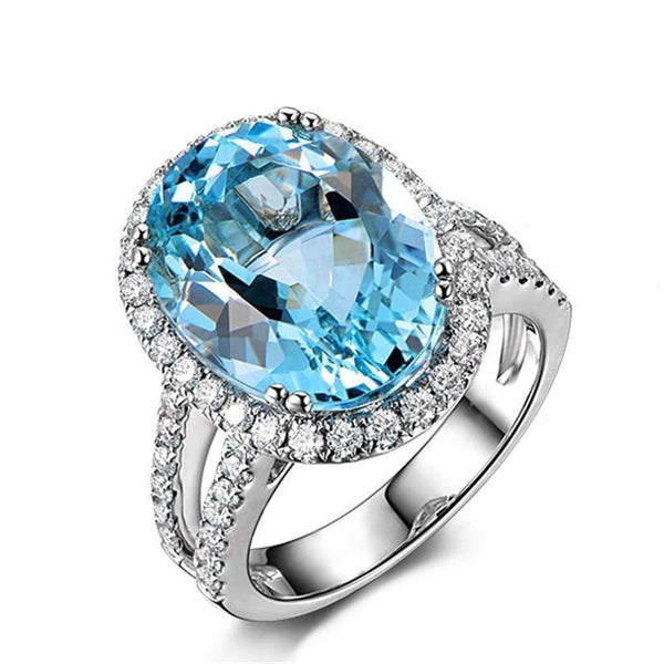 Planet Gates 5.39ct Big Oval Topaz Halo Ring Genuine Sky Blue Gemstone Topaz Ring 925 Sterling Silver Engagement Ring