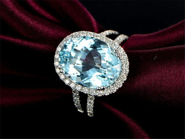 Planet Gates 5.39ct Big Oval Topaz Halo Ring Genuine Sky Blue Gemstone Topaz Ring 925 Sterling Silver Engagement Ring