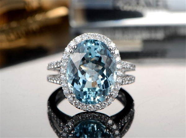Planet Gates 5.39ct Big Oval Topaz Halo Ring Genuine Sky Blue Gemstone Topaz Ring 925 Sterling Silver Engagement Ring