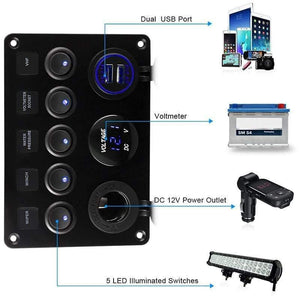 Planet Gates 5 Gang Marine Boat Switch Panel Led Waterproof Circuit With Voltmeter Dual Usb Charger Panel Switch Boat Yacht 12v 24v