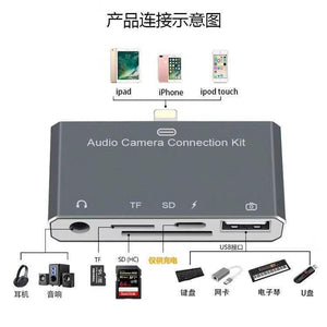 Planet Gates 5 in 1 Lightning splitter to 3.5mm Audio/SD/TF Card/Charging/USB 2.0 Camera otg Adapter Connector For iPhone X 8 7 6 Plus IOS 11