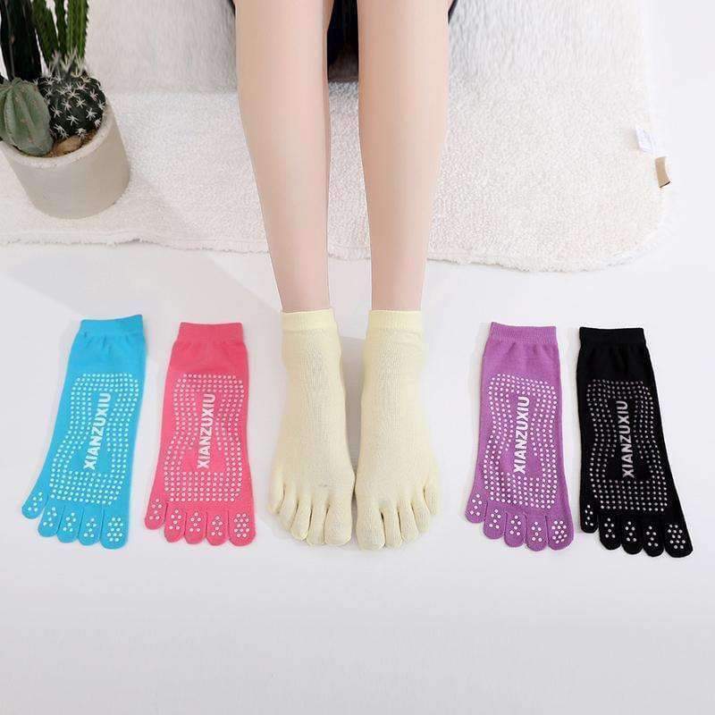 Planet Gates 5 Pair Women Anti-Slip Silicone Bottom Yoga Socks Color Durable Five Finger Toes Cotton Sport Socks