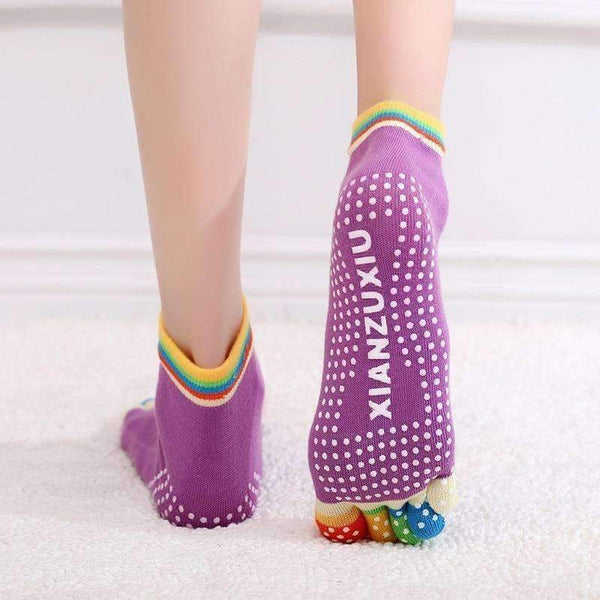 Planet Gates 5 Pair Women Anti-Slip Silicone Bottom Yoga Socks Color Durable Five Finger Toes Cotton Sport Socks