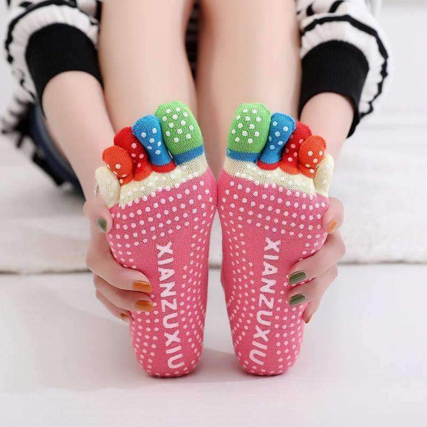 Planet Gates 5 Pair Women Anti-Slip Silicone Bottom Yoga Socks Color Durable Five Finger Toes Cotton Sport Socks