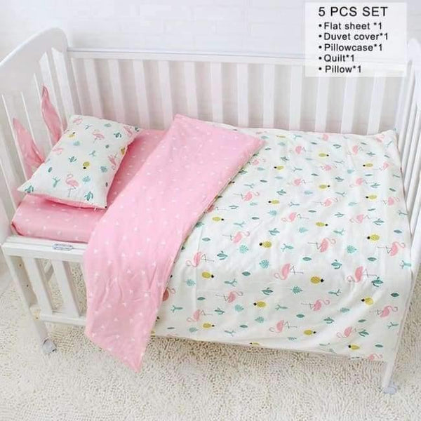 Planet Gates 5 Pcs Set Baby Bedding Set Flamingo Pattern Crib Kit Including Cot Bumper Flat Sheet Pillowcase Duvet Cover Baby Bed Hanging Bag For Girls