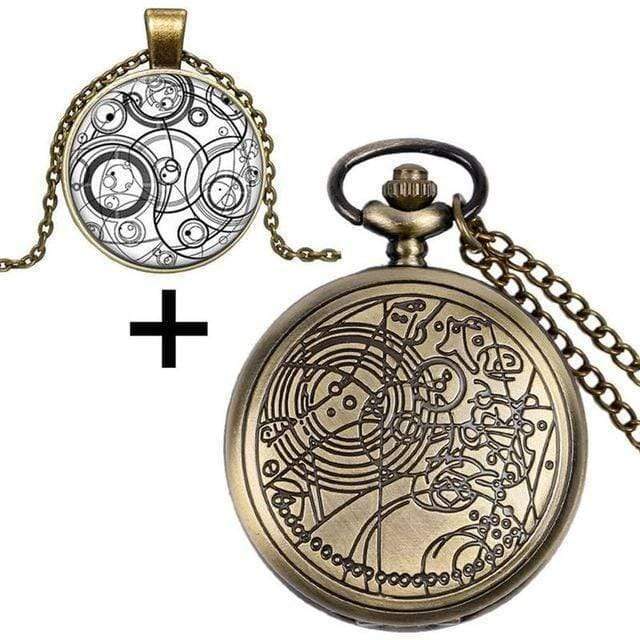 Planet Gates Quartz Pocket Watch with Dr. Who Symbols Glass Dome Pendant Necklace Chain Box DAD Top Gifts Set