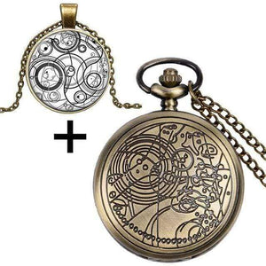 Planet Gates 5 Quartz Pocket Watch with Dr. Who Symbols Glass Dome Pendant Necklace Chain Box DAD Top Gifts Set