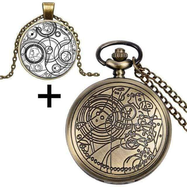 Planet Gates 5 Quartz Pocket Watch with Dr. Who Symbols Glass Dome Pendant Necklace Chain Box DAD Top Gifts Set