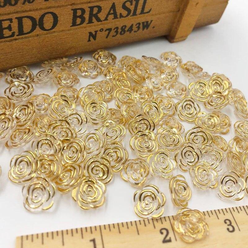 Planet Gates 50/100pcs Gold Transparent Rose Flower Acrylic Buttons For Decoration Handmade Craft Sewing Accessories PT134