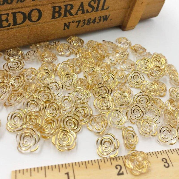 Planet Gates 50/100pcs Gold Transparent Rose Flower Acrylic Buttons For Decoration Handmade Craft Sewing Accessories PT134
