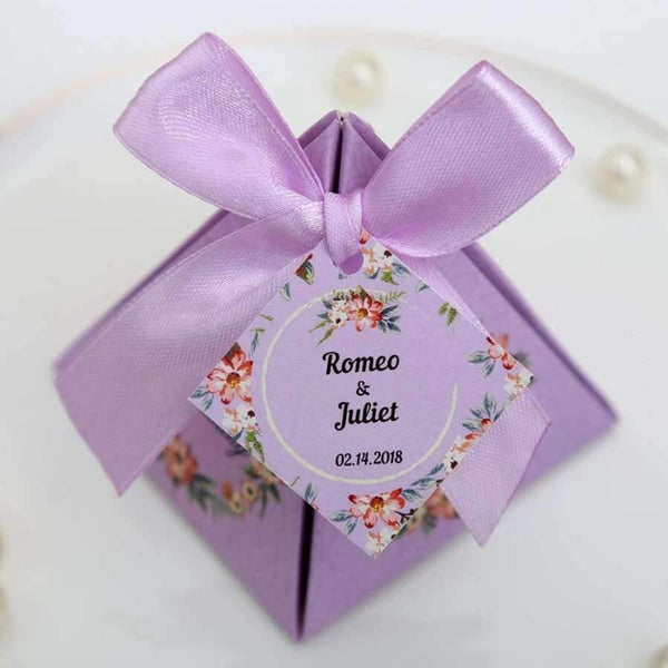 Planet Gates 50 pcs Free Shipping Pink/ Purple/ Tiffany Blue Floral Pyramid Wedding Favor Candy Boxes Bridal Shower Party Paper Gift Box