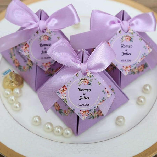 Planet Gates 50 pcs Free Shipping Pink/ Purple/ Tiffany Blue Floral Pyramid Wedding Favor Candy Boxes Bridal Shower Party Paper Gift Box