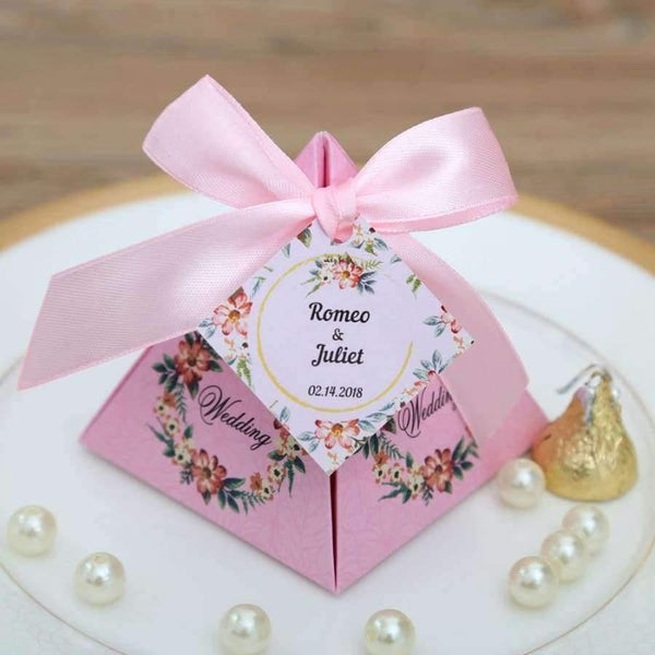 Planet Gates 50 pcs Free Shipping Pink/ Purple/ Tiffany Blue Floral Pyramid Wedding Favor Candy Boxes Bridal Shower Party Paper Gift Box