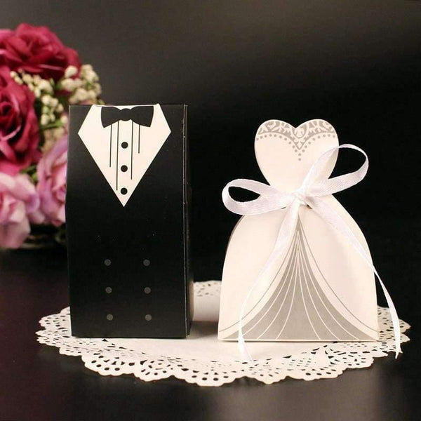 Planet Gates 50 Pcs Laser Cut Candy Boxes Bags Bridal Groom Gift Cases Tuxedo Dress Gown Candy Box Wedding Favors And Gifts With Ribbon