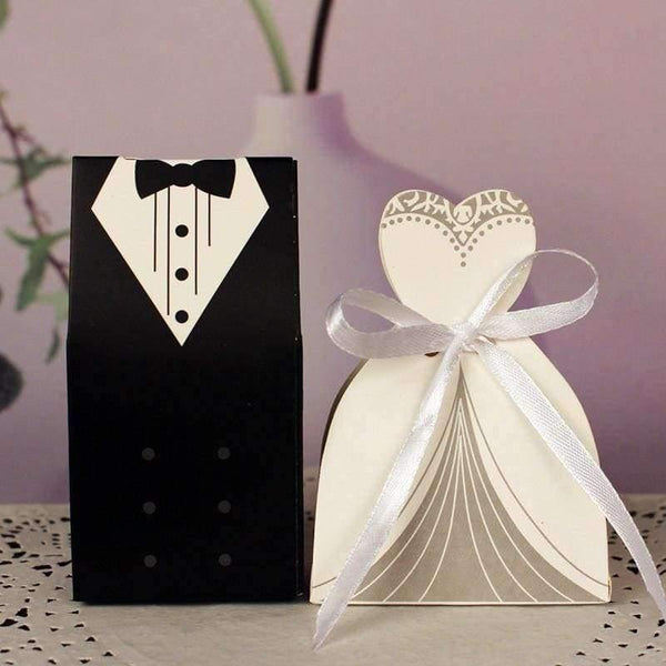 Planet Gates 50 Pcs Laser Cut Candy Boxes Bags Bridal Groom Gift Cases Tuxedo Dress Gown Candy Box Wedding Favors And Gifts With Ribbon