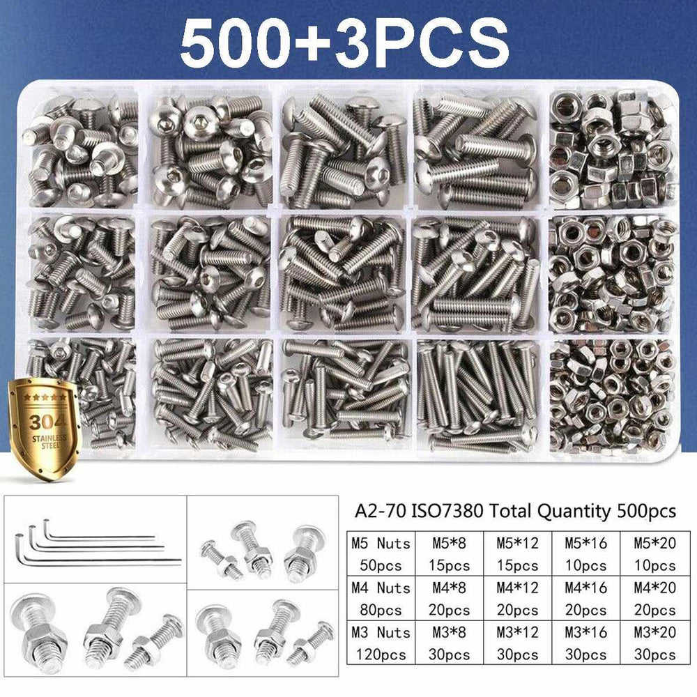 503 Pcs M3 M4 M5 High Quality Stainless Steel Button Head Hex Socket Head Cap Bolts Machine Screw And Nut Kit With Wrench