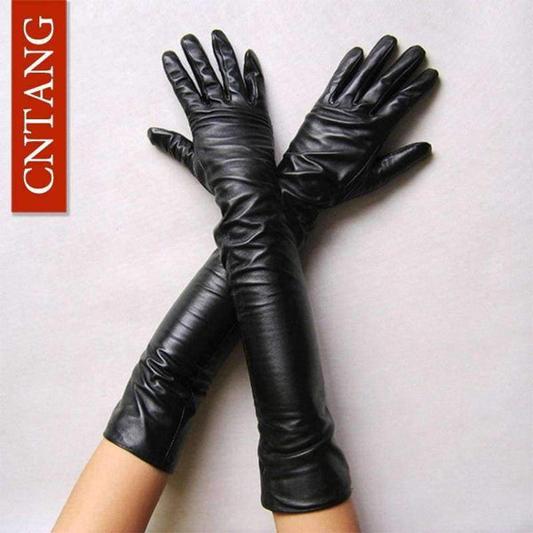Planet Gates 50CM Black Length New 2018 Women Fashion Gloves Black Long Leather Gloves 40cm & 50cm Women's Mittens Winter Ladies Leather Gloves