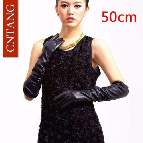 Planet Gates 50CM Black Length New 2018 Women Fashion Gloves Black Long Leather Gloves 40cm & 50cm Women's Mittens Winter Ladies Leather Gloves
