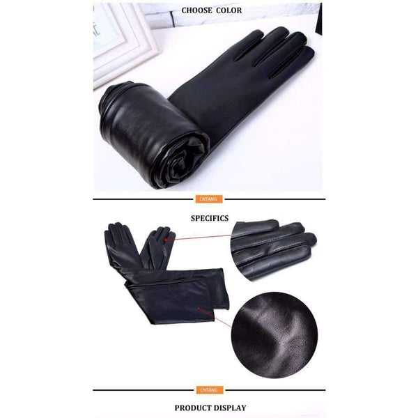 Planet Gates 50CM Black Length New 2018 Women Fashion Gloves Black Long Leather Gloves 40cm & 50cm Women's Mittens Winter Ladies Leather Gloves