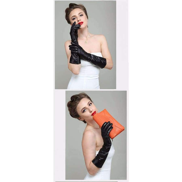 Planet Gates 50CM Black Length New 2018 Women Fashion Gloves Black Long Leather Gloves 40cm & 50cm Women's Mittens Winter Ladies Leather Gloves