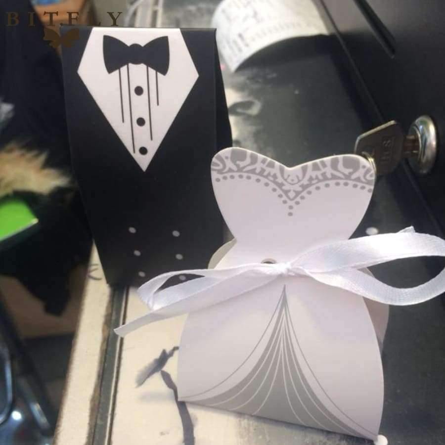 Planet Gates 50Pcs Bridal Gift Cases Groom Tuxedo Dress Gown Ribbon Wedding Candy Gift Box Kraft Wedding Favors and Gifts Bag Party Supplies