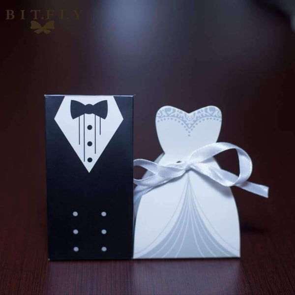 Planet Gates 50Pcs Bridal Gift Cases Groom Tuxedo Dress Gown Ribbon Wedding Candy Gift Box Kraft Wedding Favors and Gifts Bag Party Supplies