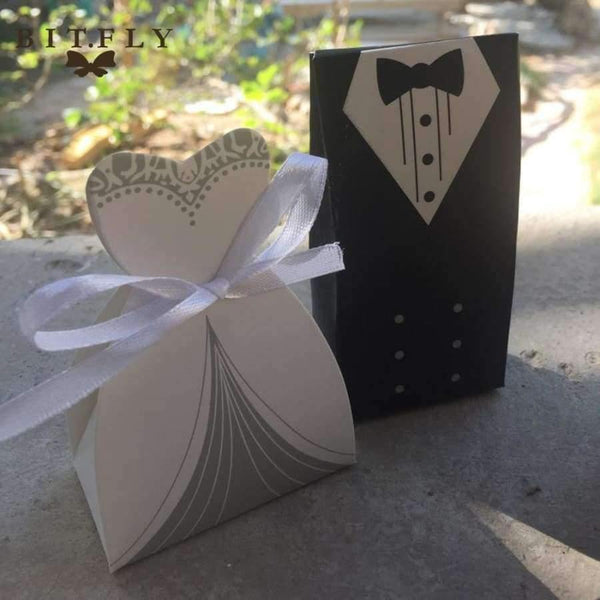 Planet Gates 50Pcs Bridal Gift Cases Groom Tuxedo Dress Gown Ribbon Wedding Candy Gift Box Kraft Wedding Favors and Gifts Bag Party Supplies