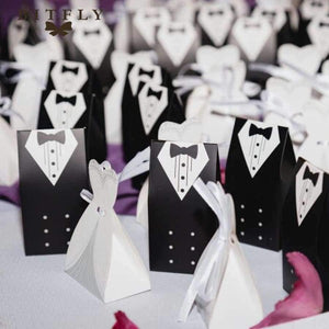 Planet Gates 50Pcs Bridal Gift Cases Groom Tuxedo Dress Gown Ribbon Wedding Candy Gift Box Kraft Wedding Favors and Gifts Bag Party Supplies